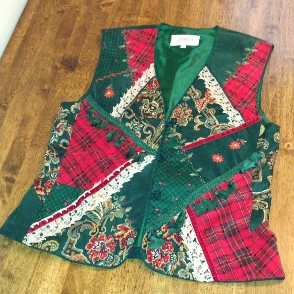 Vintage Lined Corduroy Plaid Embroidered Christmas Vest Patchwork M